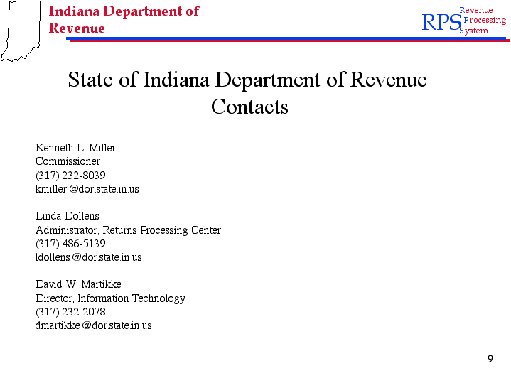 State of Indiana Department of Revenue Contacts